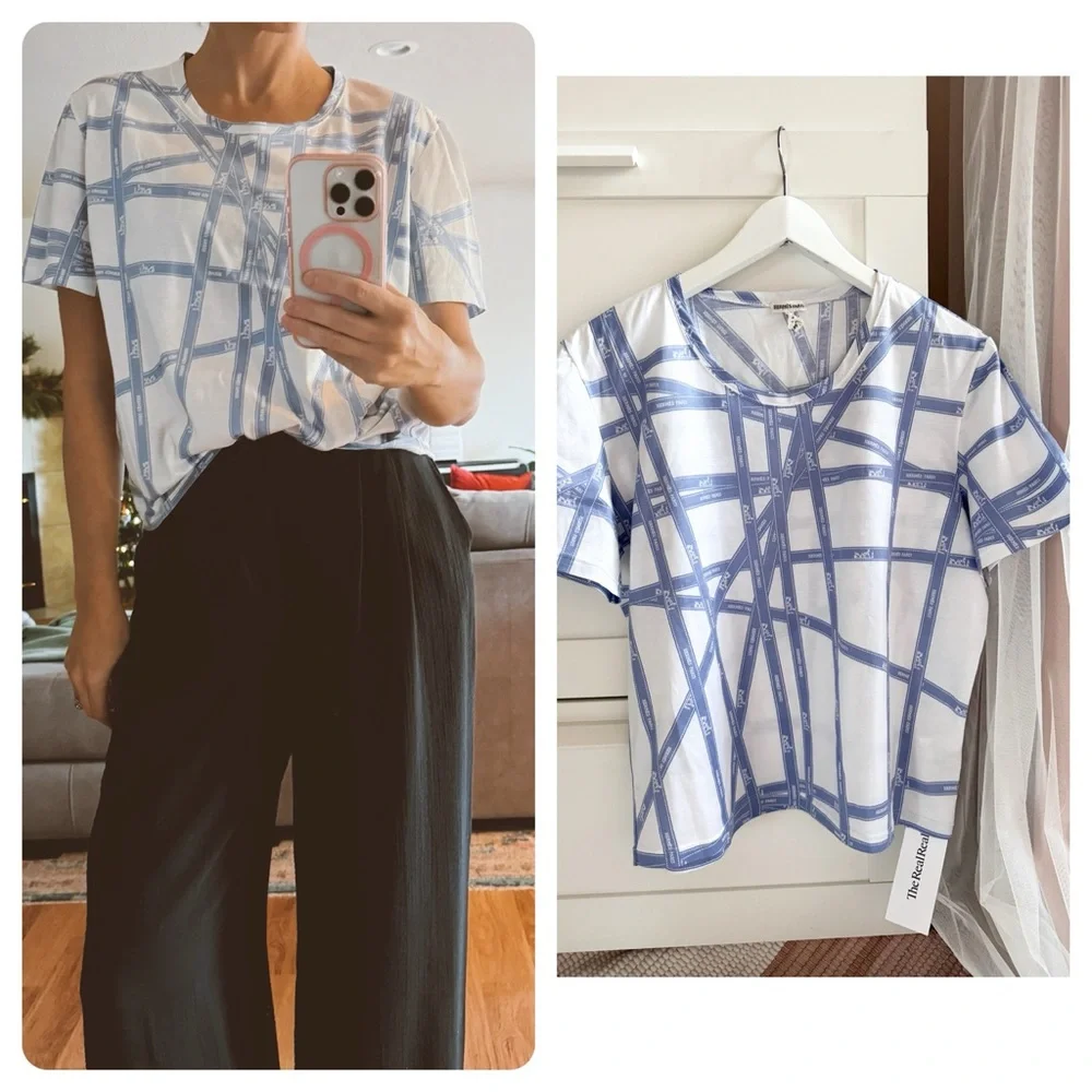 SOLD❤️HERMÈS authentic logo ribbon print boxy tee shirt top - Picture 1 of 8